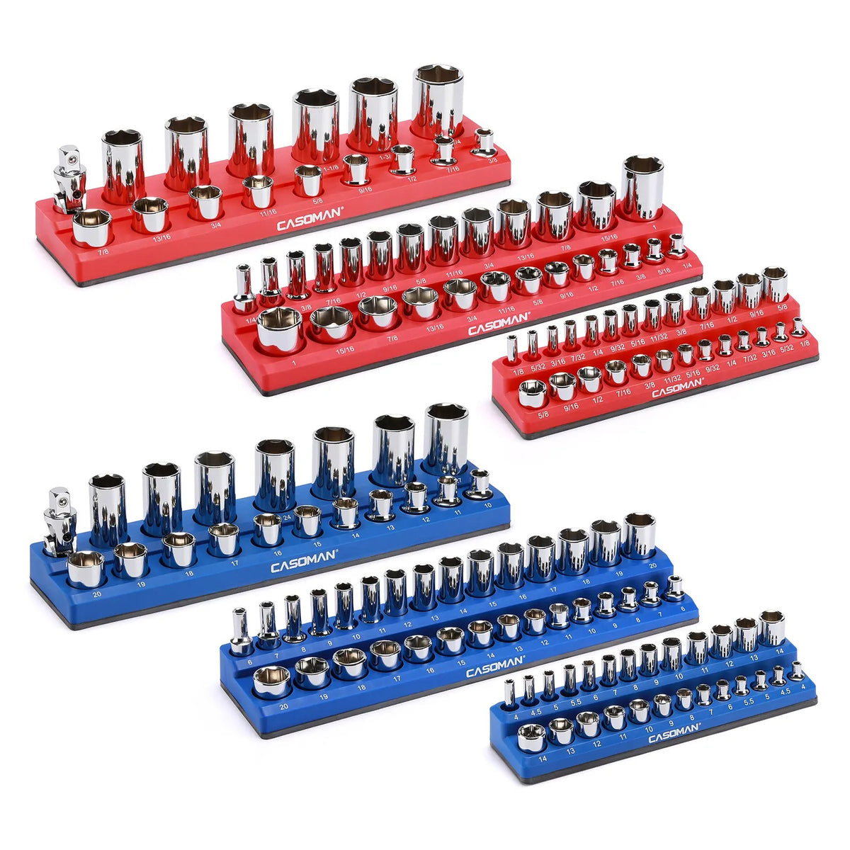 6-Piece Magnetic Socket Organizer Set – 1/2", 3/8" & 1/4" Drive, Holds 143 SAE & Metric Sockets