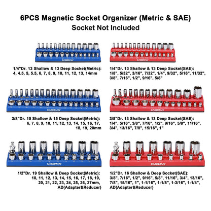 6-Piece Magnetic Socket Organizer Set – 1/2", 3/8" & 1/4" Drive, Holds 143 SAE & Metric Sockets