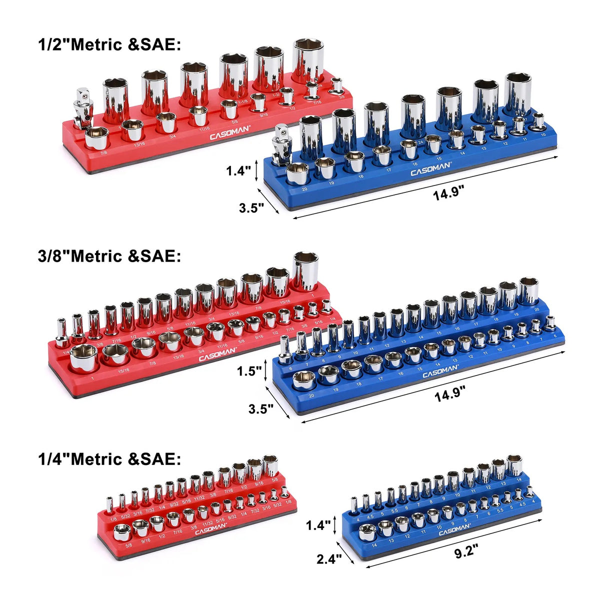 6-Piece Magnetic Socket Organizer Set – 1/2", 3/8" & 1/4" Drive, Holds 143 SAE & Metric Sockets